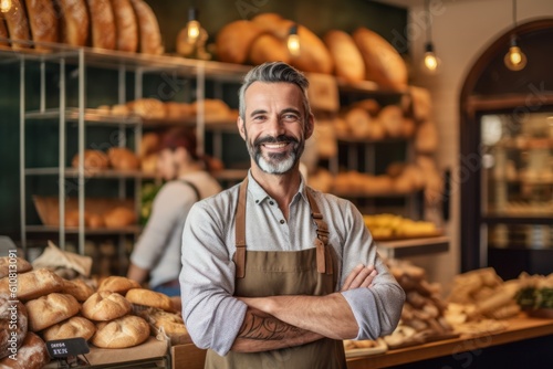 Portrait of smiling mature man standing with arms crossed in bakery shop