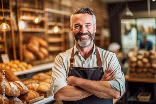 Portrait of smiling mature male baker standing with arms crossed in bakery