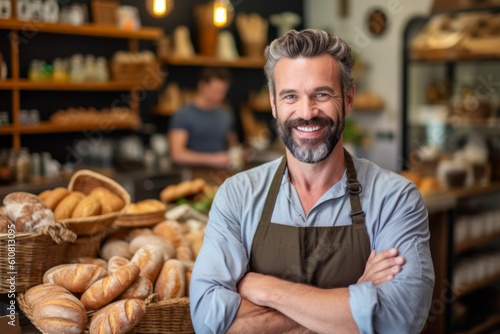 Medium shot portrait photography of a pleased man in his 40s that is wearing a chic cardigan against a busy bakery with freshly baked goods and bakers at work background . Generative AI