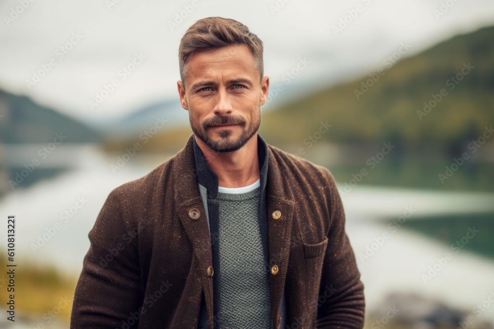 Portrait of a handsome young man in a brown jacket on the background of a mountain lake. Portrait of a handsome young man in a brown jacket on the background of a mountain lake.