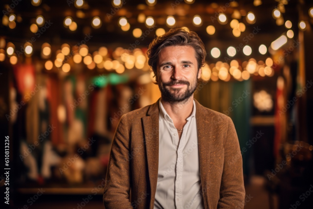 Portrait of handsome young man standing in a clothing store, looking at camera. Portrait of handsome young man standing in a clothing store, looking at camera.