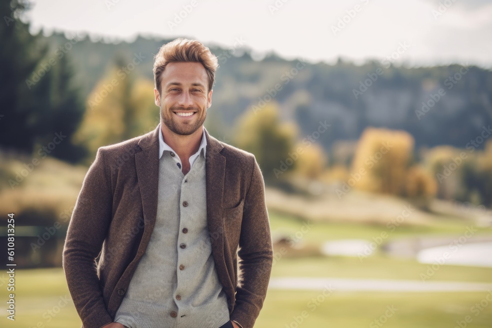 Handsome young man in casual clothes is looking at camera and smiling while standing on the golf course Handsome young man in casual clothes is looking at camera and smiling while standing on the golf course