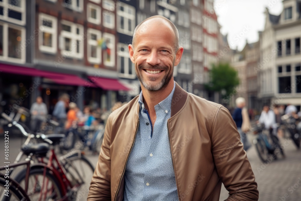 Medium shot portrait photography of a pleased man in his 40s that is wearing a chic cardigan against a group bike tour through a city's highlights background . Generative AI Medium shot portrait photography of a pleased man in his 40s that is wearing a chic cardigan against a group bike tour through a city's highlights background . Generative AI