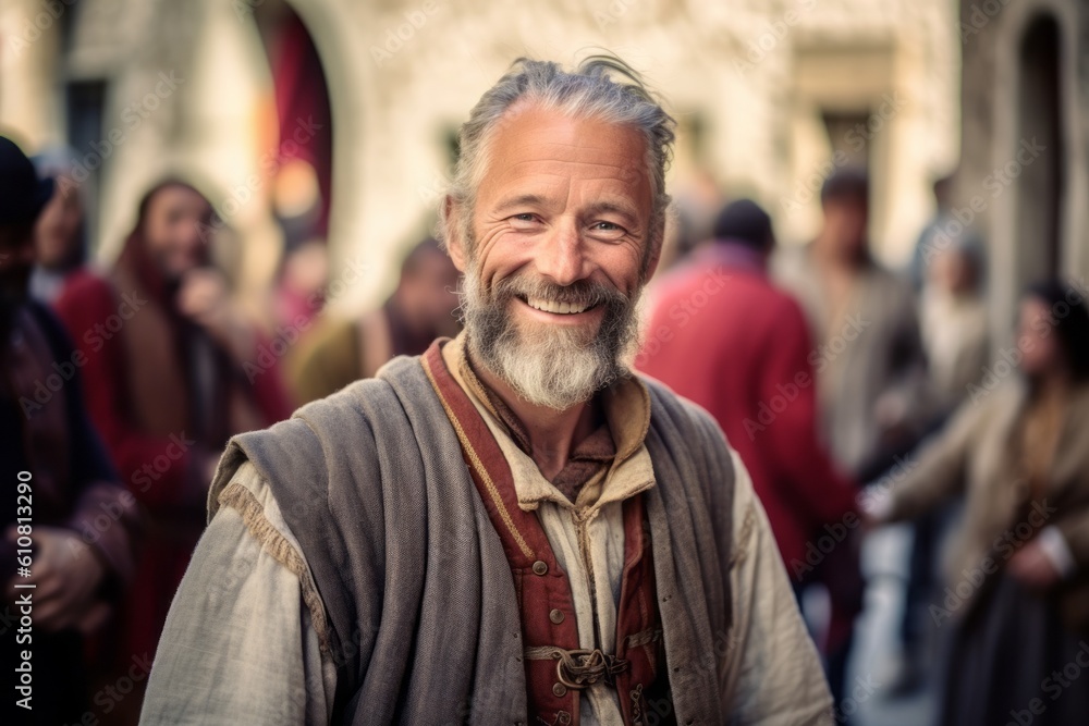 Medium shot portrait photography of a pleased man in his 40s that is wearing a chic cardigan against a historic reenactment with costumed actors background .  Generative AI
