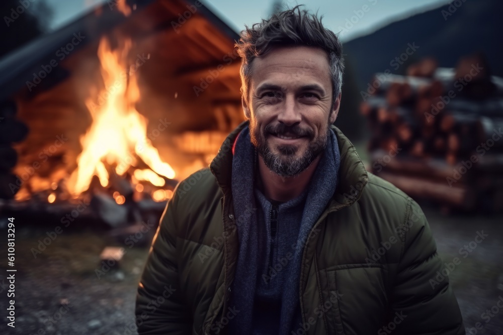 Portrait of a smiling bearded man standing near a bonfire in the forest Portrait of a smiling bearded man standing near a bonfire in the forest