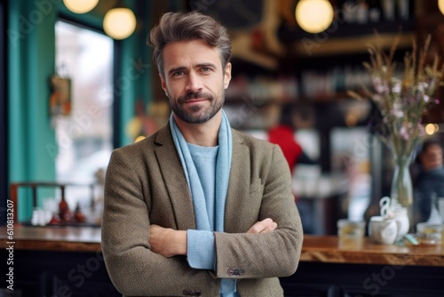 Portrait of handsome young man in casual clothes standing with arms crossed in cafe