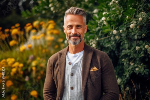 Medium shot portrait photography of a pleased man in his 40s that is wearing a chic cardigan against a garden or botanical background .  Generative AI