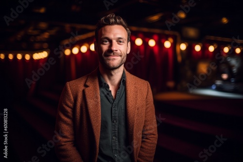 Portrait of a handsome man standing in a dark room with red curtains © Robert MEYNER