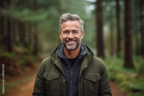 Medium shot portrait photography of a pleased man in his 40s that is wearing a chic cardigan against a forest background .  Generative AI