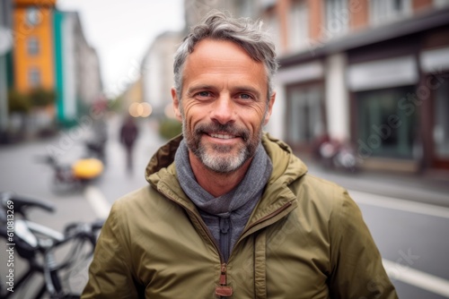 Medium shot portrait photography of a pleased man in his 40s that is wearing a chic cardigan against a group bike tour through a city's highlights background . Generative AI