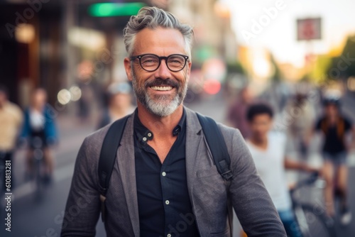 Portrait of handsome mature man with beard walking in the city streets