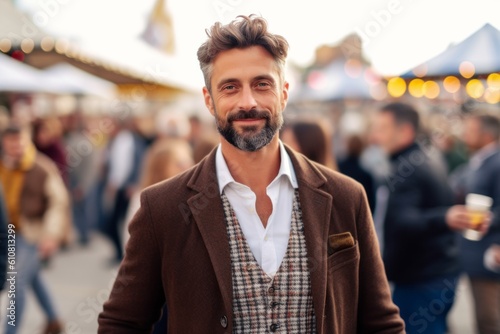 Medium shot portrait photography of a pleased man in his 40s that is wearing a chic cardigan against a lively oktoberfest celebration with attendees in traditional attire background . Generative AI
