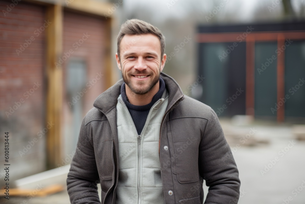 Portrait of a handsome young man wearing a grey jacket outdoors. Portrait of a handsome young man wearing a grey jacket outdoors.