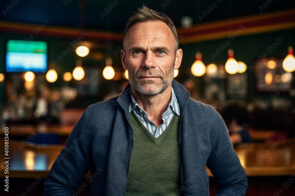 Medium shot portrait photography of a pleased man in his 40s that is wearing a chic cardigan against a raucous soccer fan's bar during a major match background . Generative AI Medium shot portrait photography of a pleased man in his 40s that is wearing a chic cardigan against a raucous soccer fan's bar during a major match background . Generative AI