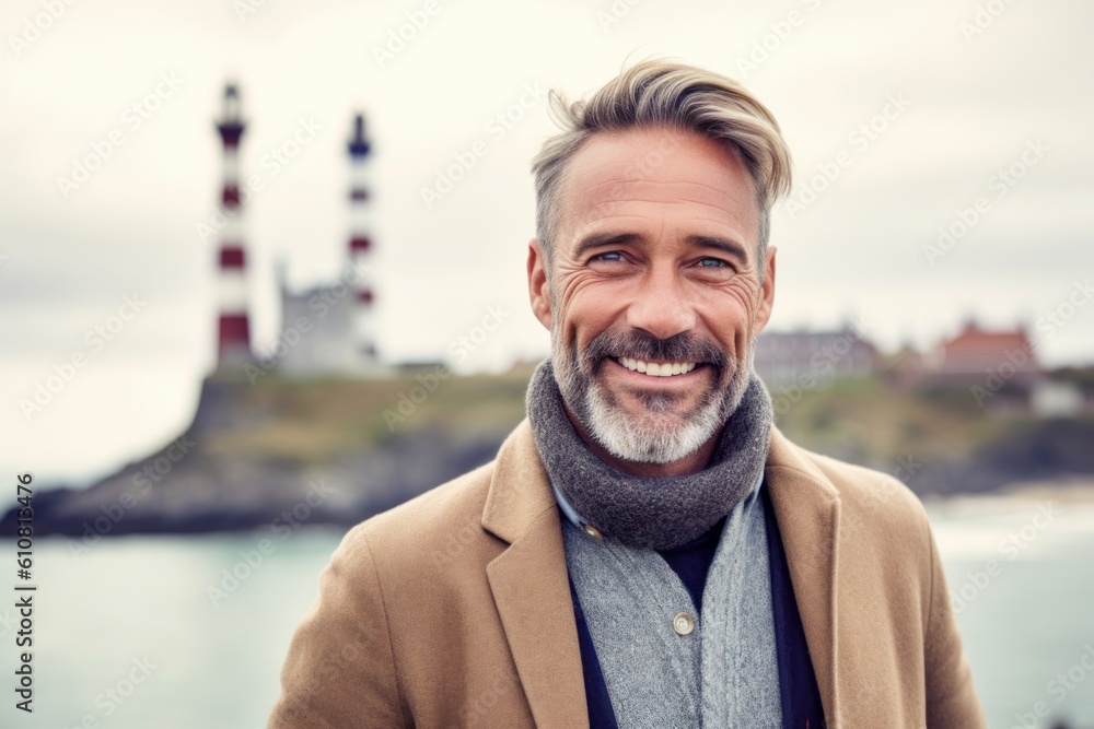 Portrait of a handsome mature man standing in front of a lighthouse Portrait of a handsome mature man standing in front of a lighthouse