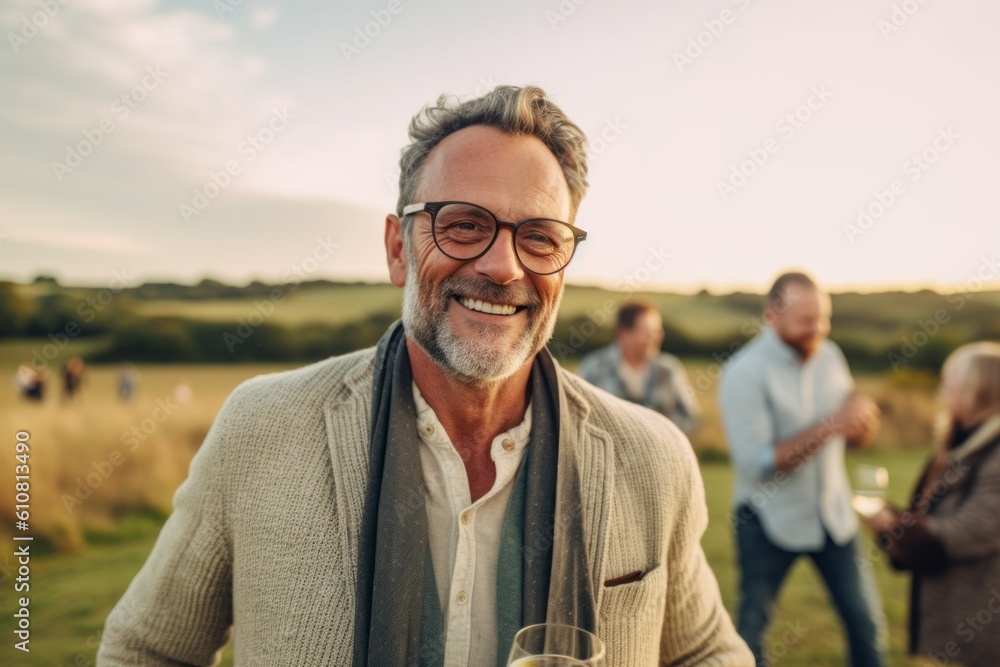 Portrait of a senior man having a glass of wine in front of his friends Portrait of a senior man having a glass of wine in front of his friends