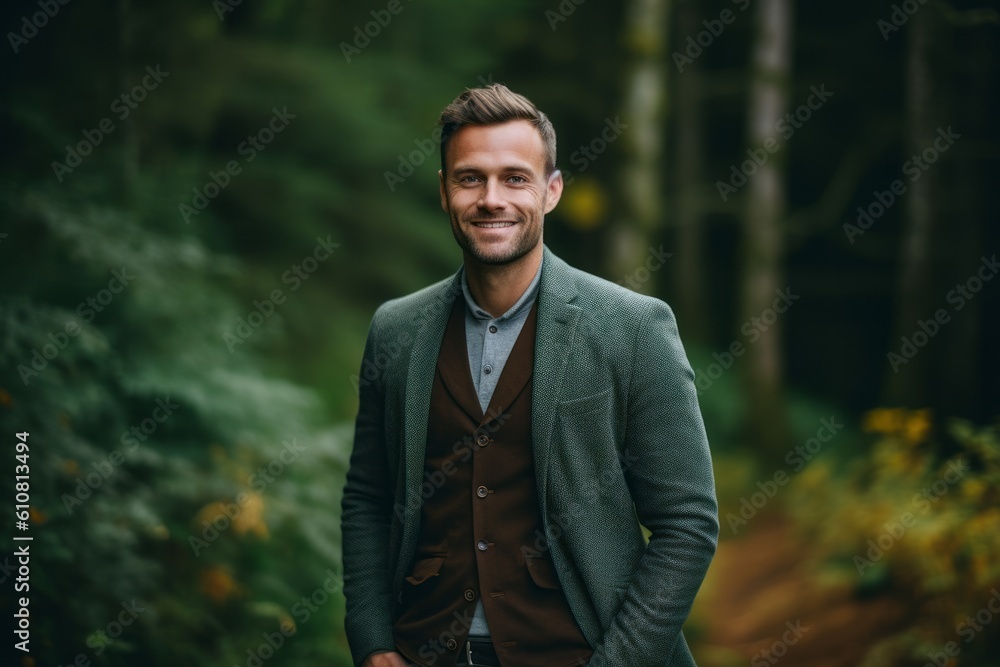 Portrait of a young handsome man in a green jacket in the autumn forest.