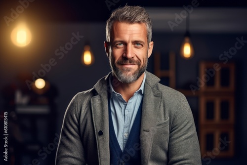 Medium shot portrait photography of a pleased man in his 40s that is wearing a chic cardigan against a photographer's studio with lighting and equipment background . Generative AI