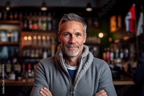 Portrait of a smiling senior man standing in a pub with arms crossed