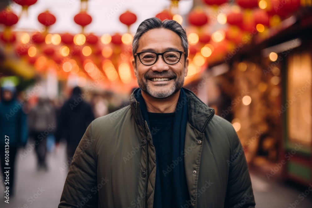 Medium shot portrait photography of a pleased man in his 40s that is wearing a chic cardigan against a vibrant and bustling chinatown during lunar new year background . Generative AI Medium shot portrait photography of a pleased man in his 40s that is wearing a chic cardigan against a vibrant and bustling chinatown during lunar new year background . Generative AI