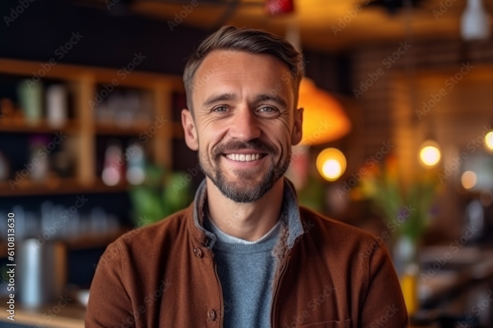 Portrait of handsome man smiling at camera while sitting in a cafe Portrait of handsome man smiling at camera while sitting in a cafe