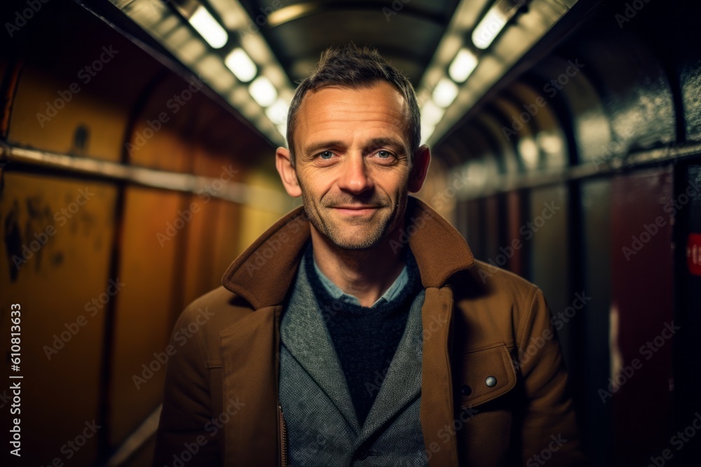 Medium shot portrait photography of a pleased man in his 40s that is wearing a chic cardigan against a tunnel or underground passage background .  Generative AI