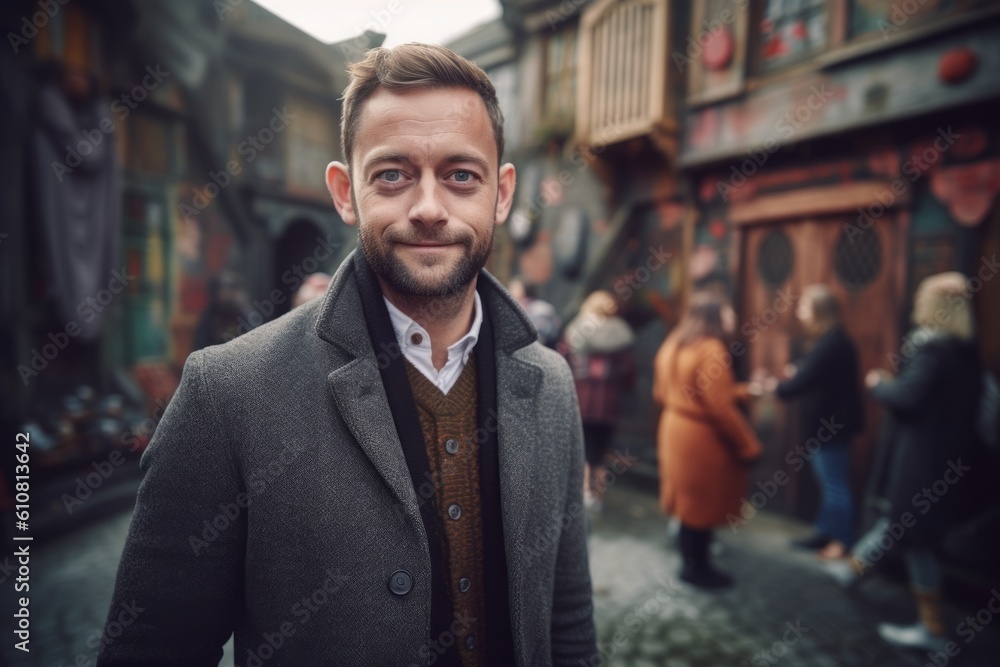 Portrait of a handsome young man in a coat standing on the street