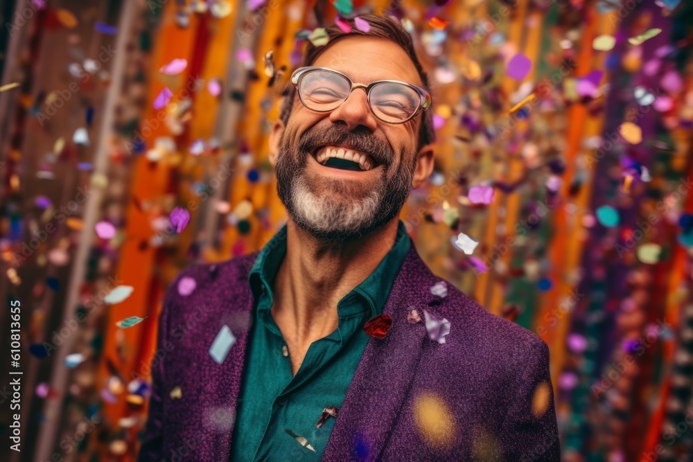 Medium shot portrait photography of a pleased man in his 40s that is wearing a chic cardigan against a vibrant and lively mardi gras celebration background .  Generative AI