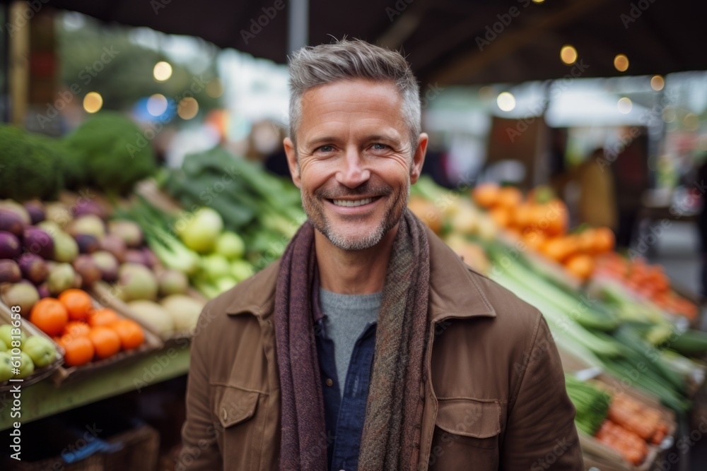 Portrait of smiling mature man at market counter in front of grocery store Portrait of smiling mature man at market counter in front of grocery store