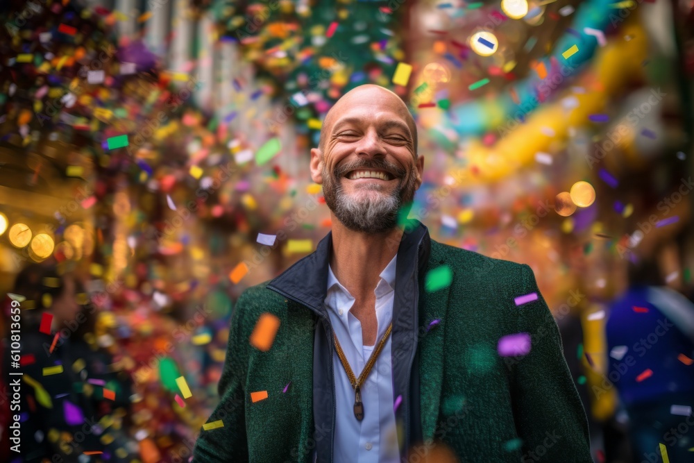 Medium shot portrait photography of a pleased man in his 40s that is wearing a chic cardigan against a vibrant and lively mardi gras celebration background . Generative AI Medium shot portrait photography of a pleased man in his 40s that is wearing a chic cardigan against a vibrant and lively mardi gras celebration background . Generative AI