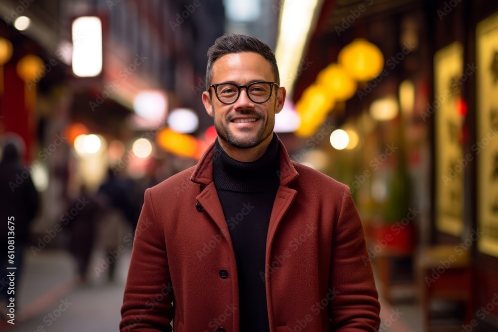 Portrait of a handsome young man in a red coat and eyeglasses.