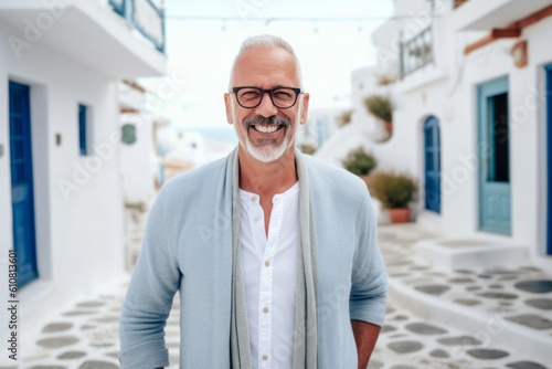 Portrait of a smiling senior man standing in the streets of Santorini