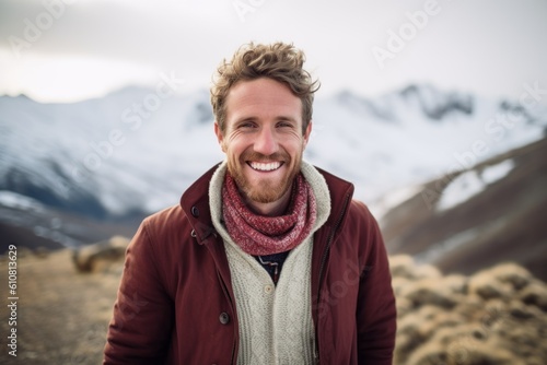 Portrait of handsome young man smiling at camera while standing against snowy mountains