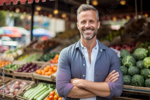 Portrait of smiling man standing with arms crossed at market counter in supermarket