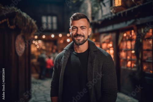 Medium shot portrait photography of a satisfied man in his 30s that is wearing a chic cardigan against a thrilling haunted house attraction with brave visitors background . Generative AI