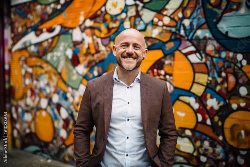 Medium shot portrait photography of a pleased man in his 40s that is wearing a chic cardigan against a vibrant street art mural painting in progress background . Generative AI