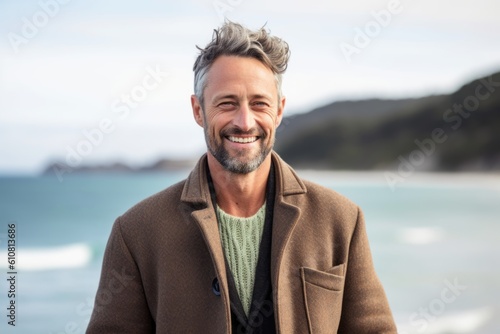 Medium shot portrait photography of a pleased man in his 40s that is wearing a chic cardigan against a water or ocean background . Generative AI