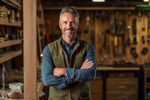 Portrait of mature carpenter standing with arms crossed in his workshop
