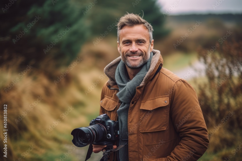 Handsome photographer with camera in autumn forest. Happy man with camera on nature background.