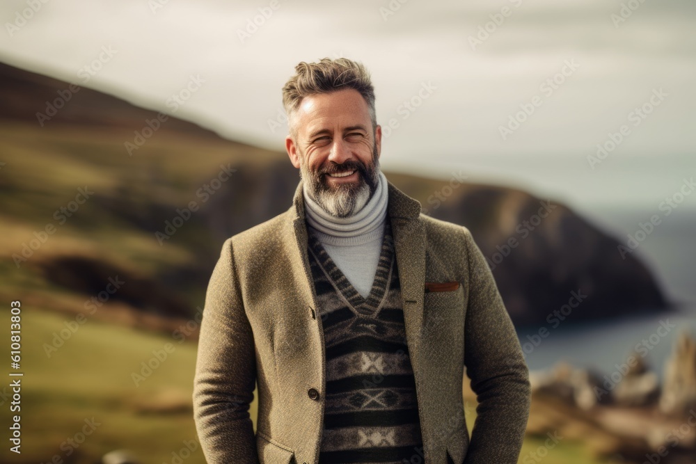Handsome middle aged man wearing a coat and smiling at the camera while standing on top of a mountain