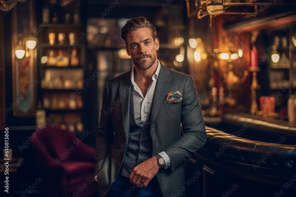 Fototapeta premium Medium shot portrait photography of a satisfied man in his 30s that is wearing a chic cardigan against an atmospheric speakeasy bar with vintage decor background . Generative AI