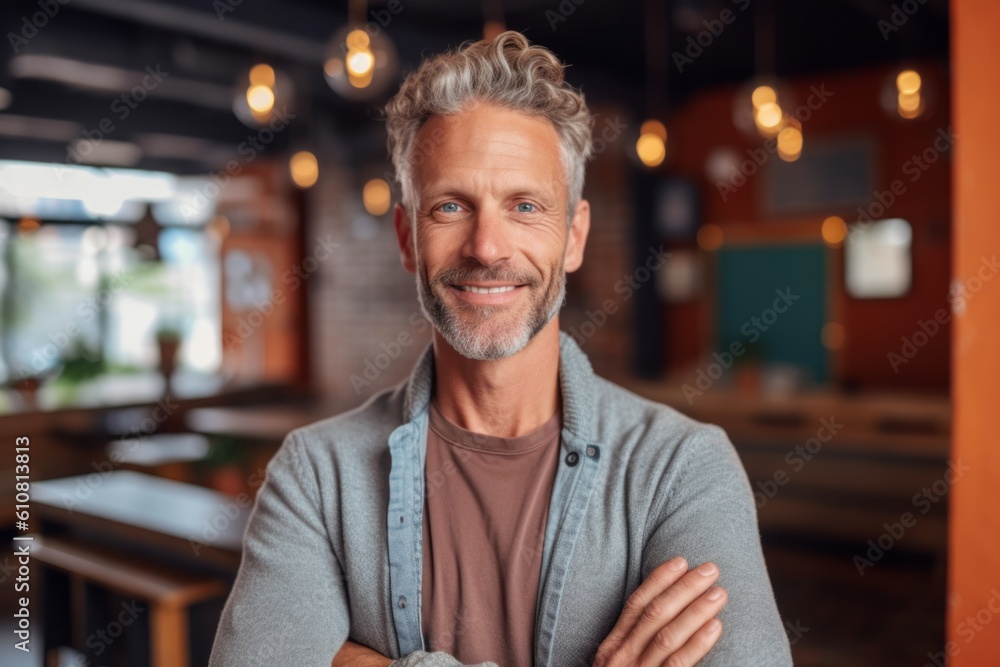 Medium shot portrait photography of a pleased man in his 40s that is wearing a chic cardigan against a yoga studio or wellness background . Generative AI Medium shot portrait photography of a pleased man in his 40s that is wearing a chic cardigan against a yoga studio or wellness background . Generative AI
