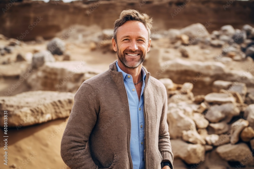 Medium shot portrait photography of a pleased man in his 40s that is wearing a chic cardigan against an archaeological dig site with artifacts being discovered background .  Generative AI