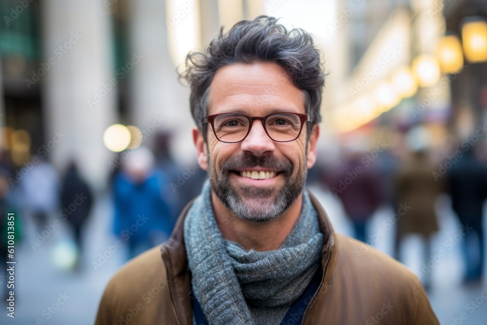 Medium shot portrait photography of a pleased man in his 40s that is wearing a cozy sweater against a bustling day at the stock exchange with traders background . Generative AI Medium shot portrait photography of a pleased man in his 40s that is wearing a cozy sweater against a bustling day at the stock exchange with traders background . Generative AI