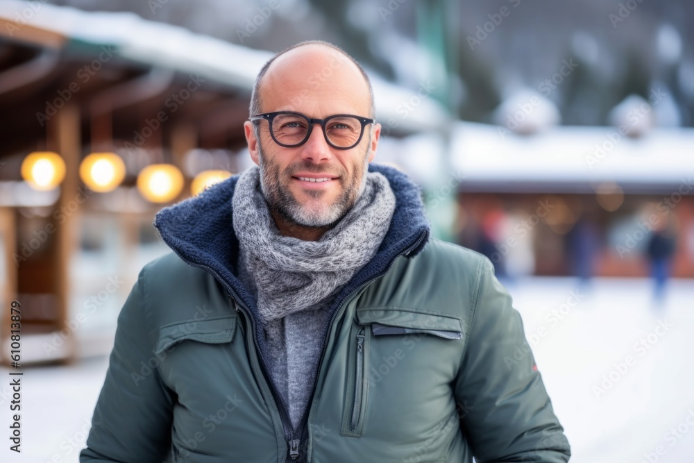 Portrait of a smiling middle-aged man wearing eyeglasses and a green jacket standing in a snowy park Portrait of a smiling middle-aged man wearing eyeglasses and a green jacket standing in a snowy park