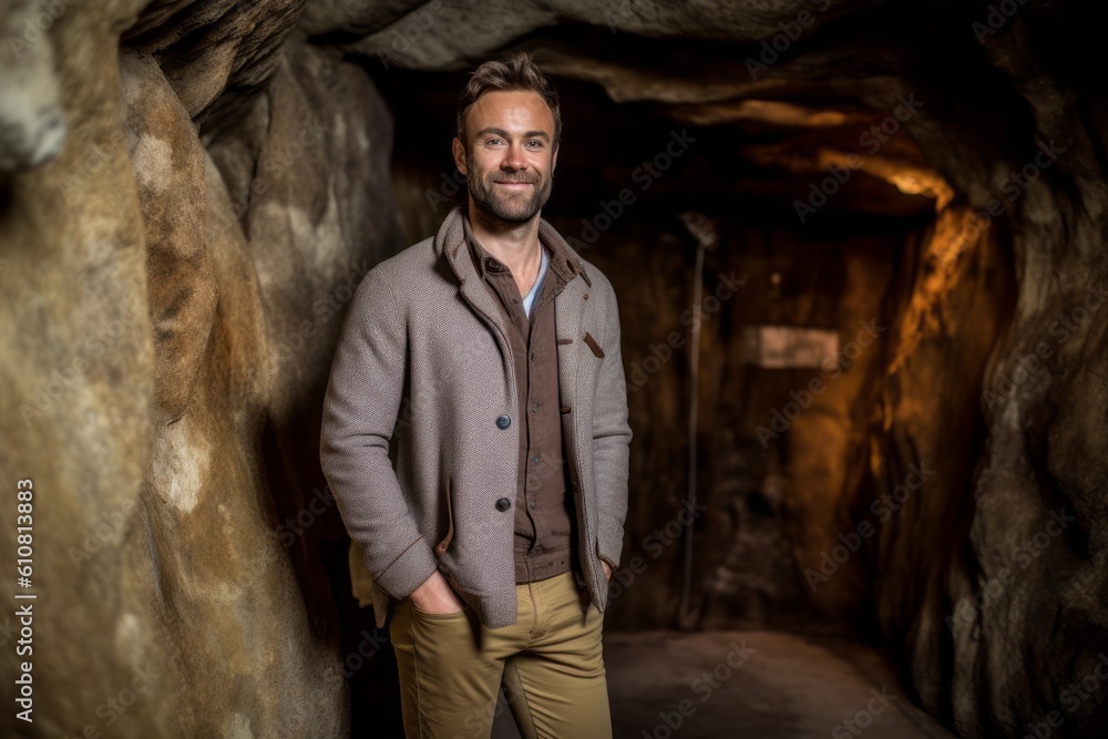 Medium shot portrait photography of a satisfied man in his 30s that is wearing a chic cardigan against an underground cave or cavern background . Generative AI Medium shot portrait photography of a satisfied man in his 30s that is wearing a chic cardigan against an underground cave or cavern background . Generative AI