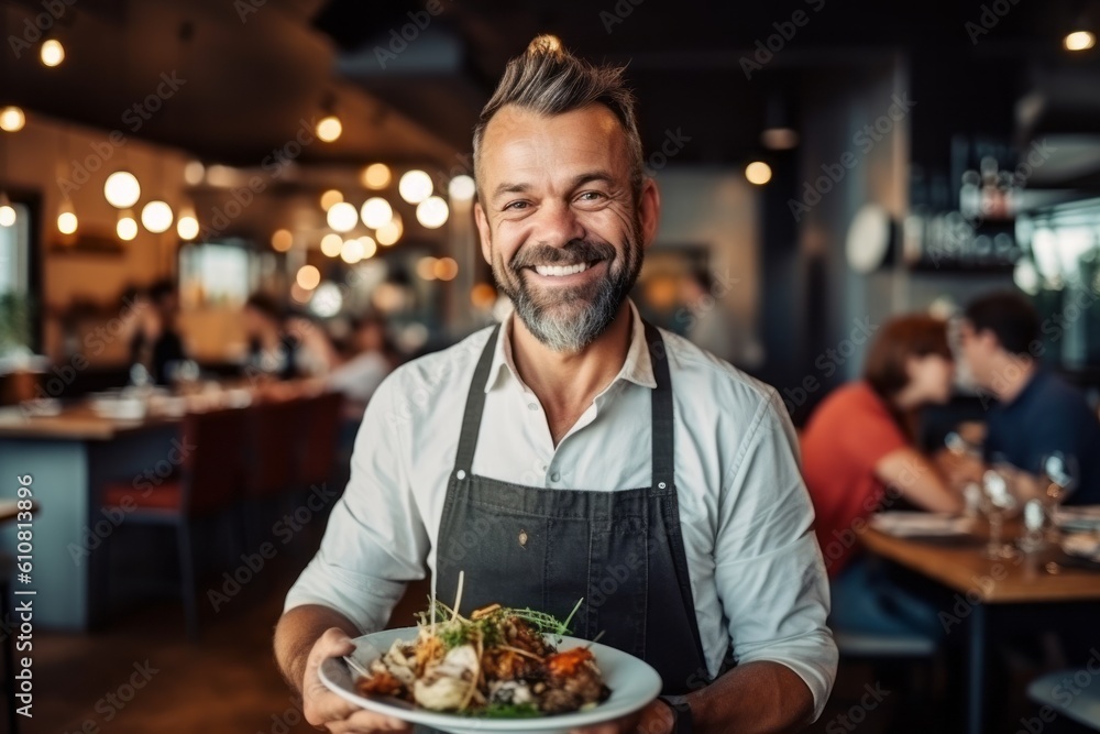 Medium shot portrait photography of a pleased man in his 40s that is wearing a pair of leggings or tights against a beautifully plated gourmet meal being served background . Generative AI Medium shot portrait photography of a pleased man in his 40s that is wearing a pair of leggings or tights against a beautifully plated gourmet meal being served background . Generative AI