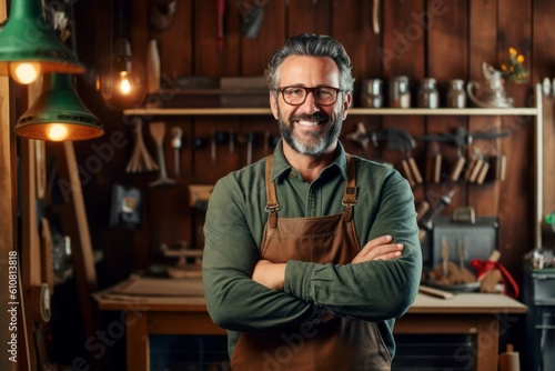 Medium shot portrait photography of a pleased man in his 40s that is wearing a chic cardigan against a woodworking or crafting studio background . Generative AI