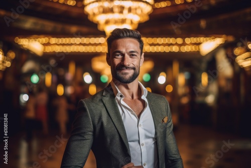 Portrait of a handsome bearded man in a classic suit standing in the lobby of the hotel. © Robert MEYNER