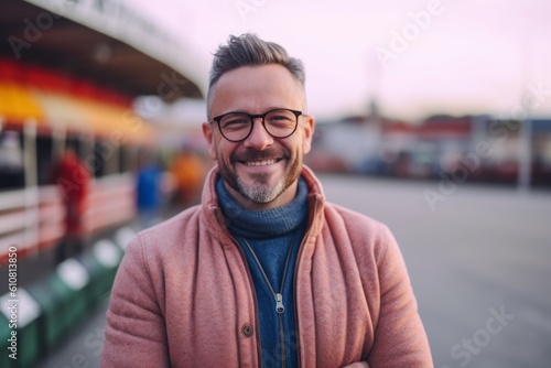 Portrait of a handsome young man with eyeglasses smiling at the camera while standing outdoors